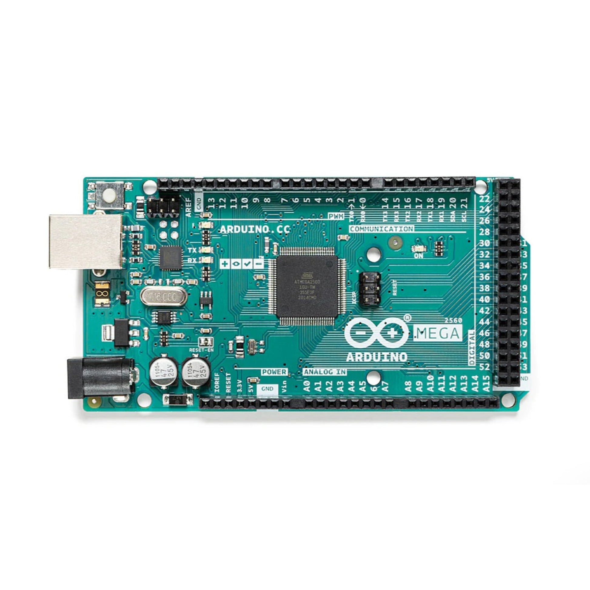 Top-down view of the Arduino Mega 2560 Rev3 microcontroller board, showing the ATmega2560 chip, I/O pins, and USB port.