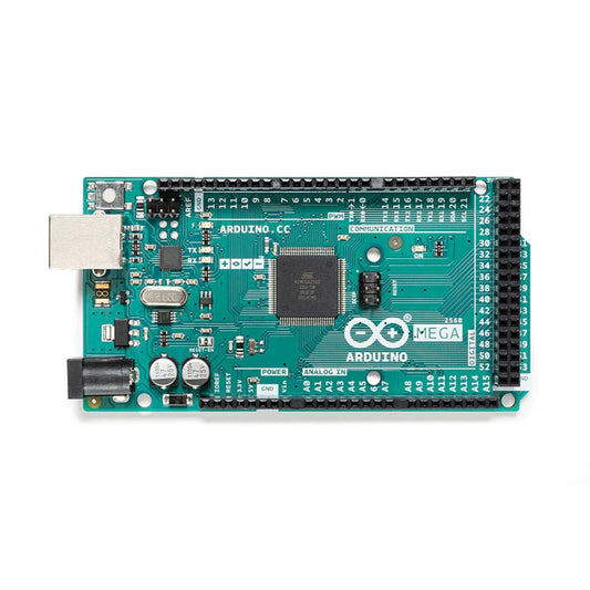 Top-down view of the Arduino Mega 2560 Rev3 microcontroller board, showing the ATmega2560 chip, I/O pins, and USB port.
