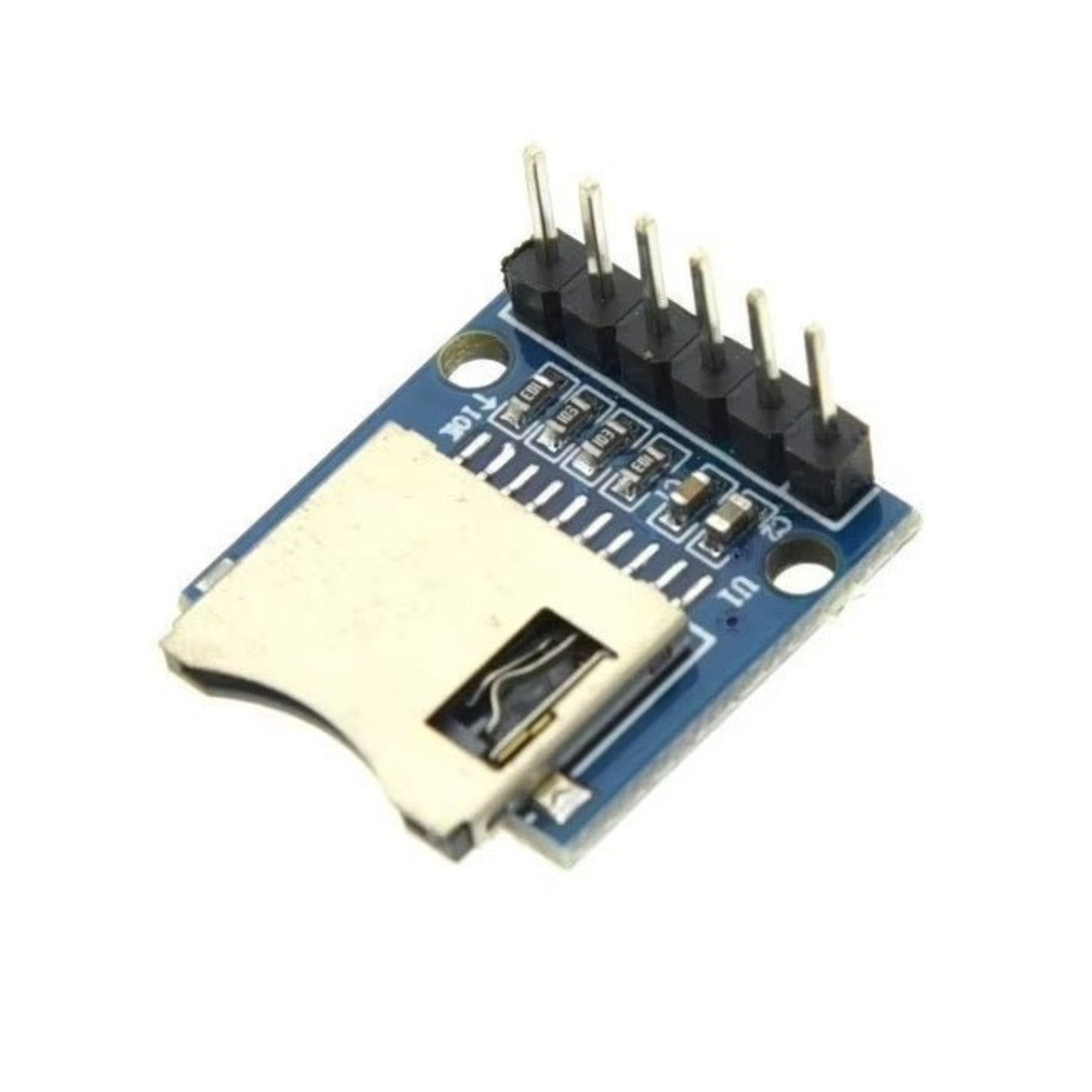 Mini Micro SD card SPI module for Arduino with spring-loaded slot and SPI pins for easy integration.