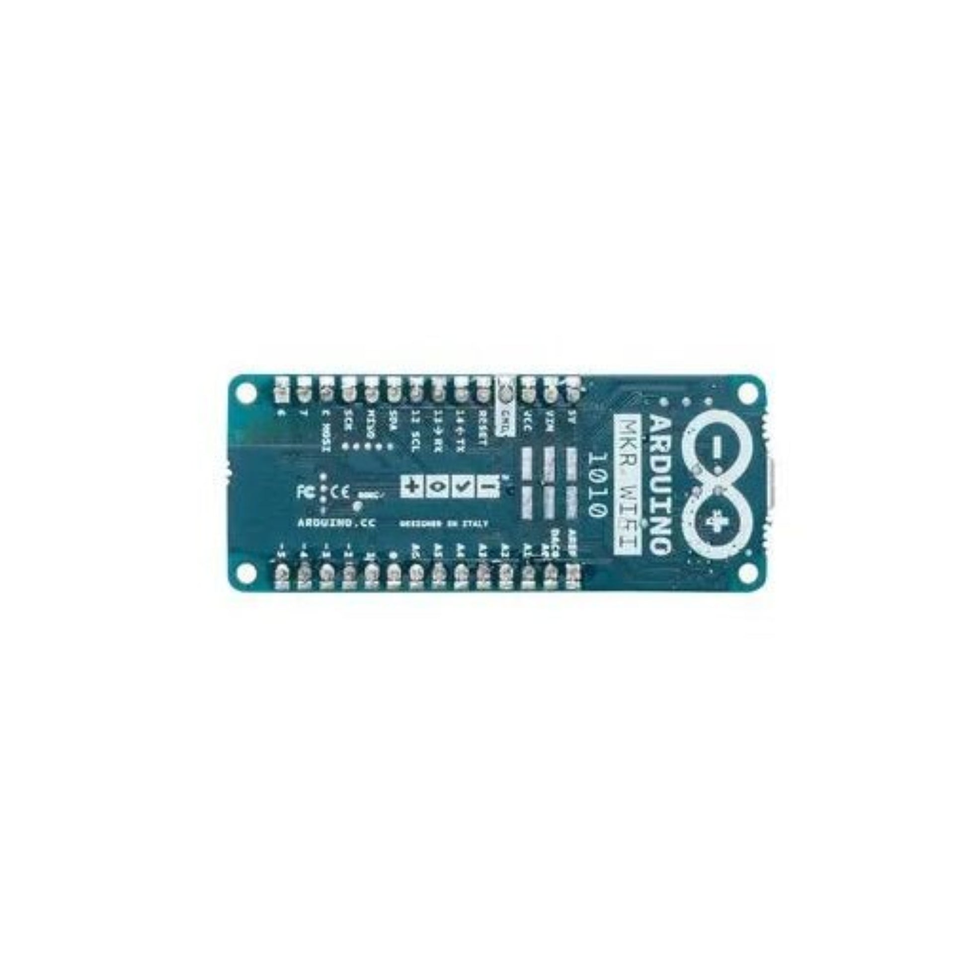 Arduino MKR WiFi 1010 board featuring SAMD21, ARM Cortex-M0+, 32KB RAM and 256KB Flash memory.