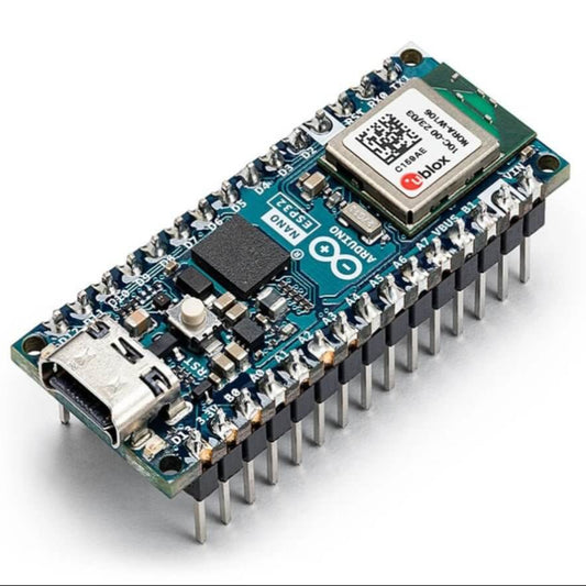 Nano ESP32 board with headers, USB-C, Wi-Fi, Bluetooth, MicroPython compatible for Arduino projects.