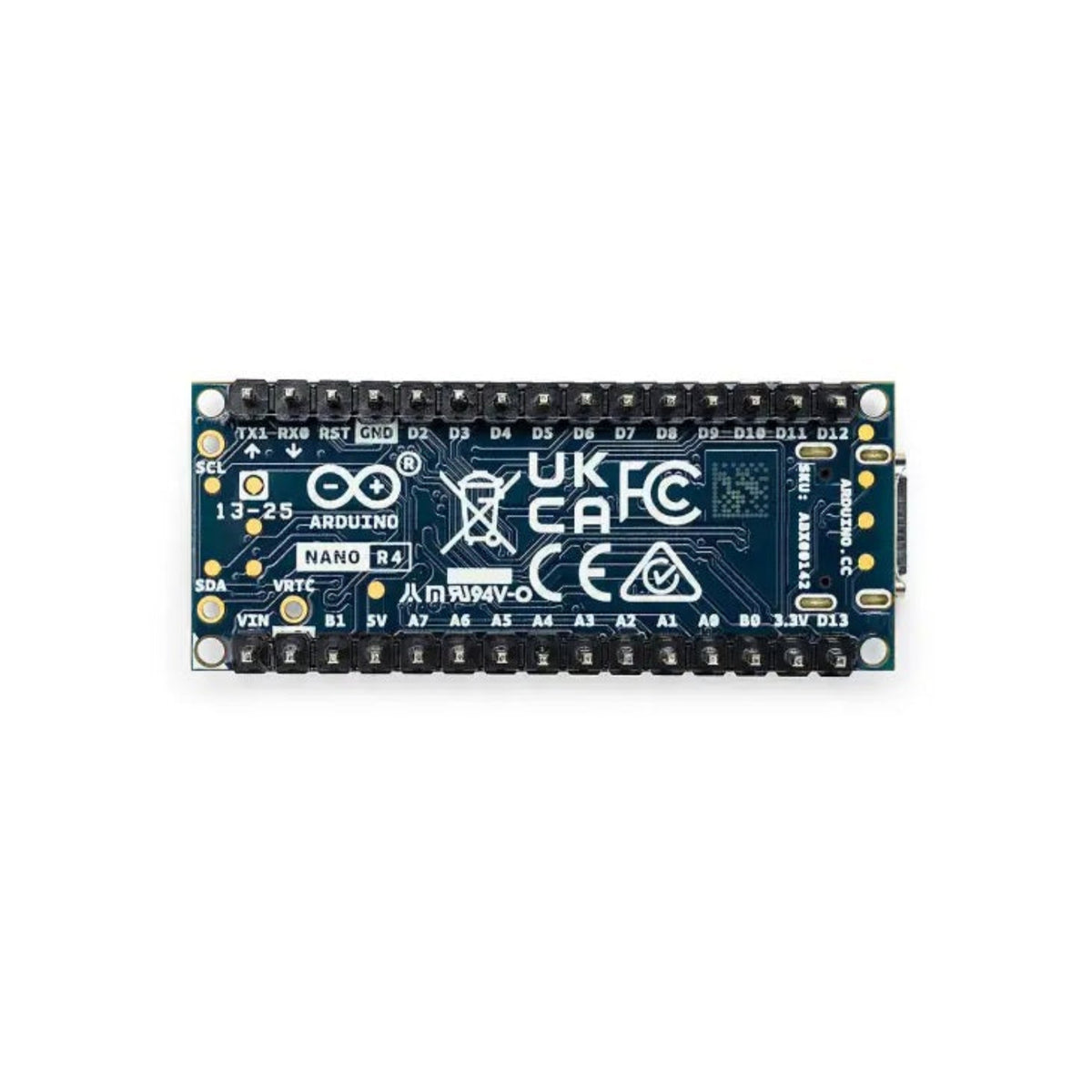 Arduino Nano R4 開發板底部視圖，顯示 ARDUINO NANO R4 絲印、詳細引腳定義標籤 (如 VIN, 5V, GND) 及預焊排針。