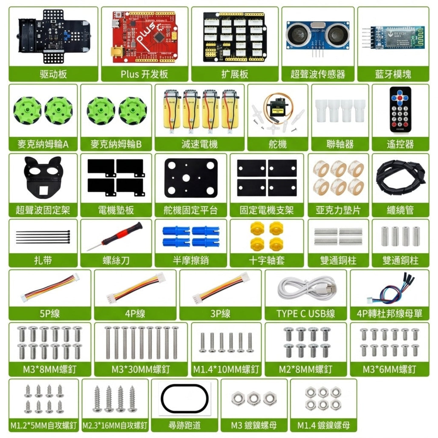KEYES 4WD 麥克納姆輪小車完整電子零件清單。