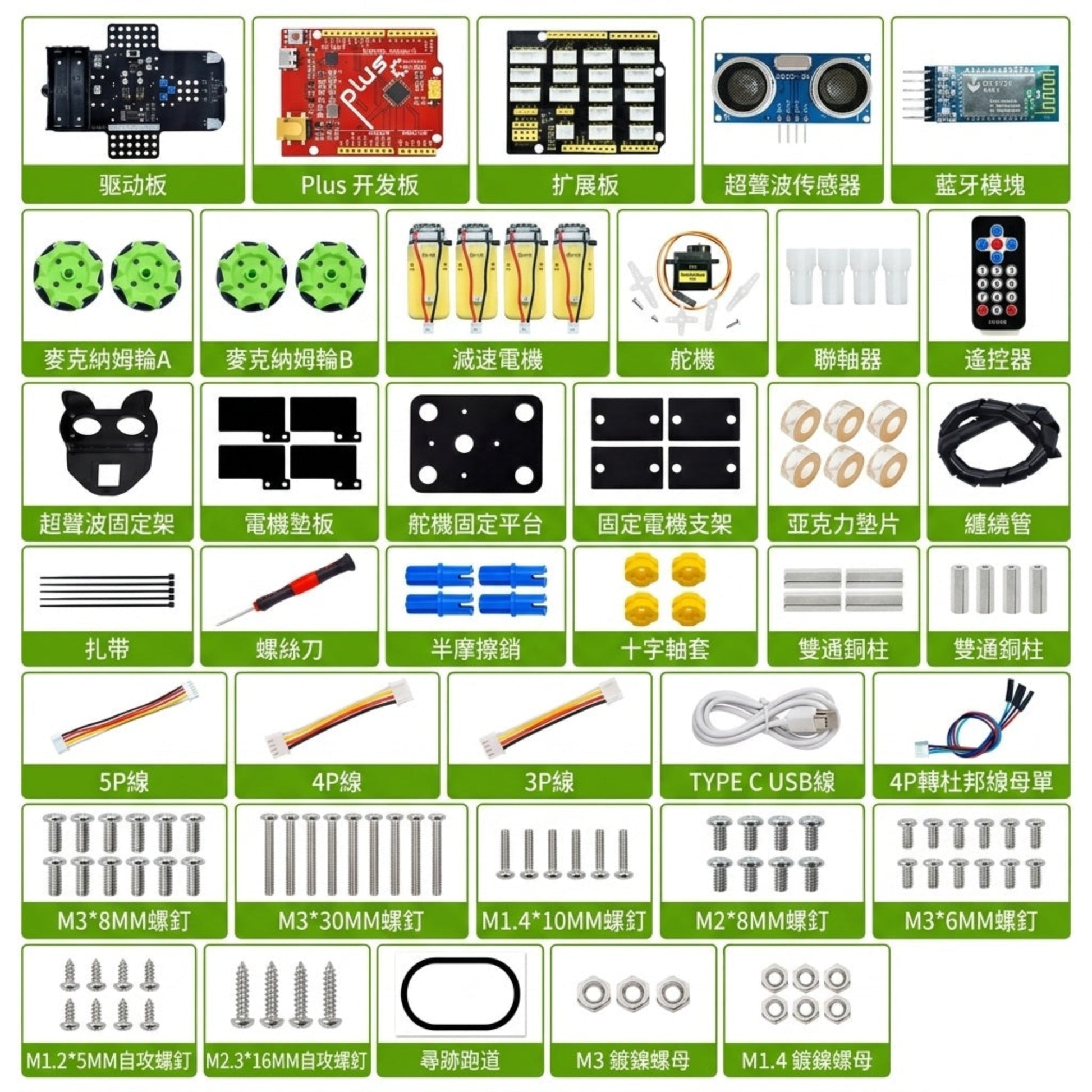 KEYES 4WD 麥克納姆輪小車完整電子零件清單。