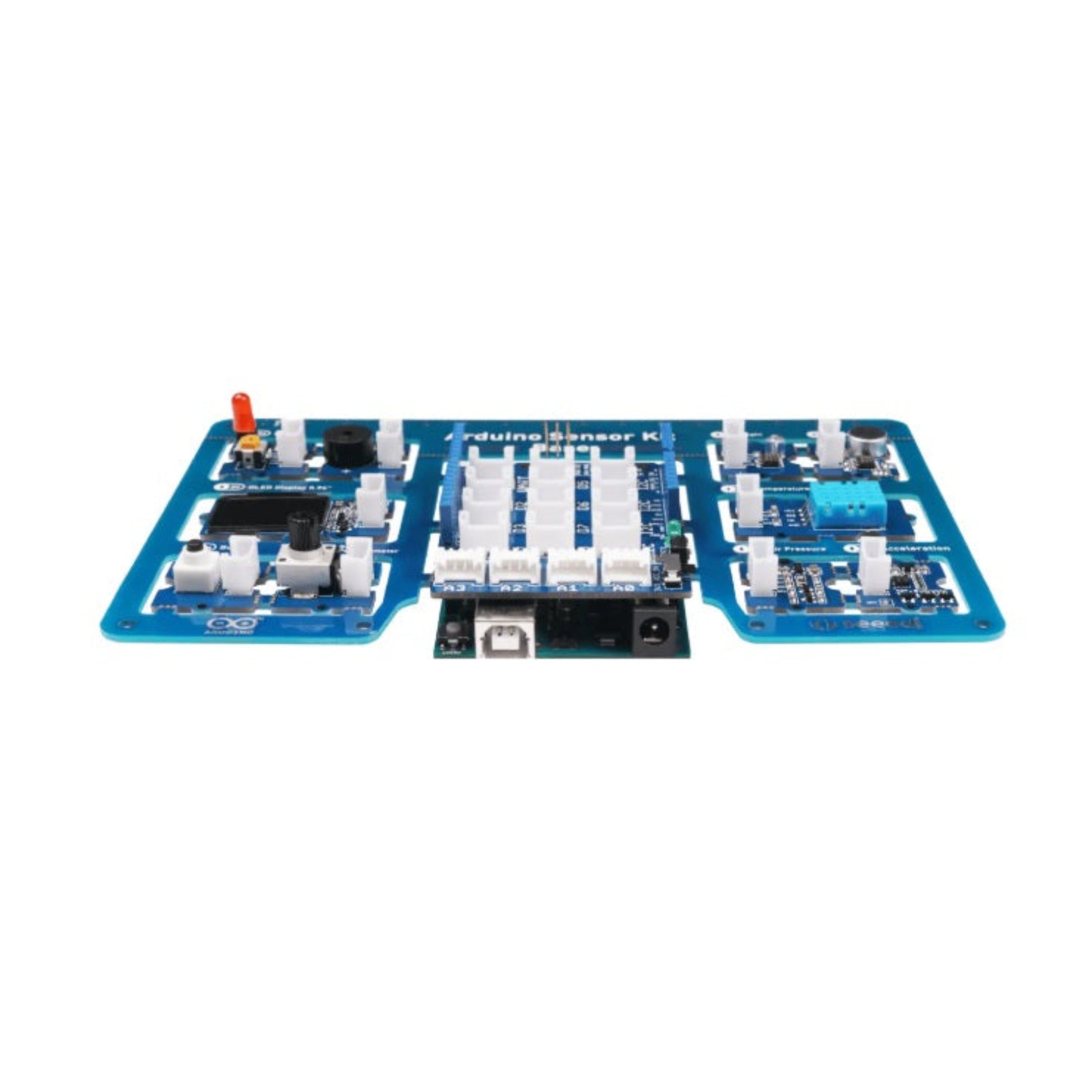 Side profile showing the Sensor Kit shield neatly mounted onto the Arduino UNO R3 microcontroller.