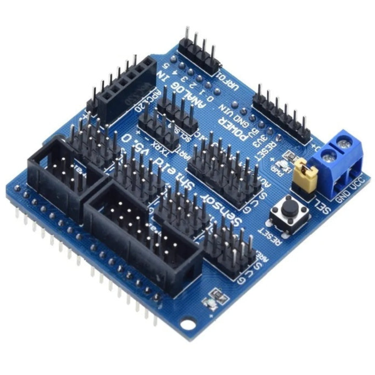 Arduino V5.0 感測器擴展板正面圖，展示所有 3-Pin GVS 針腳接口。