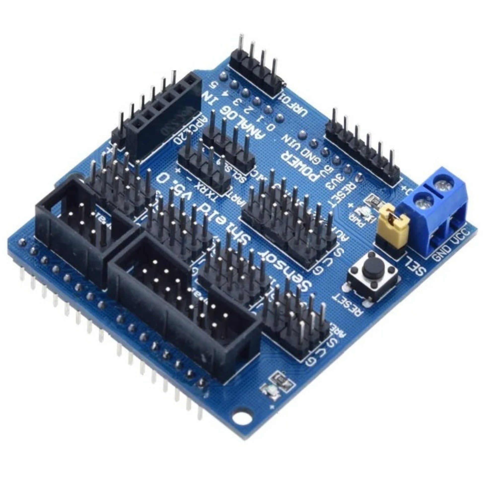 Arduino V5.0 感測器擴展板正面圖，展示所有 3-Pin GVS 針腳接口。