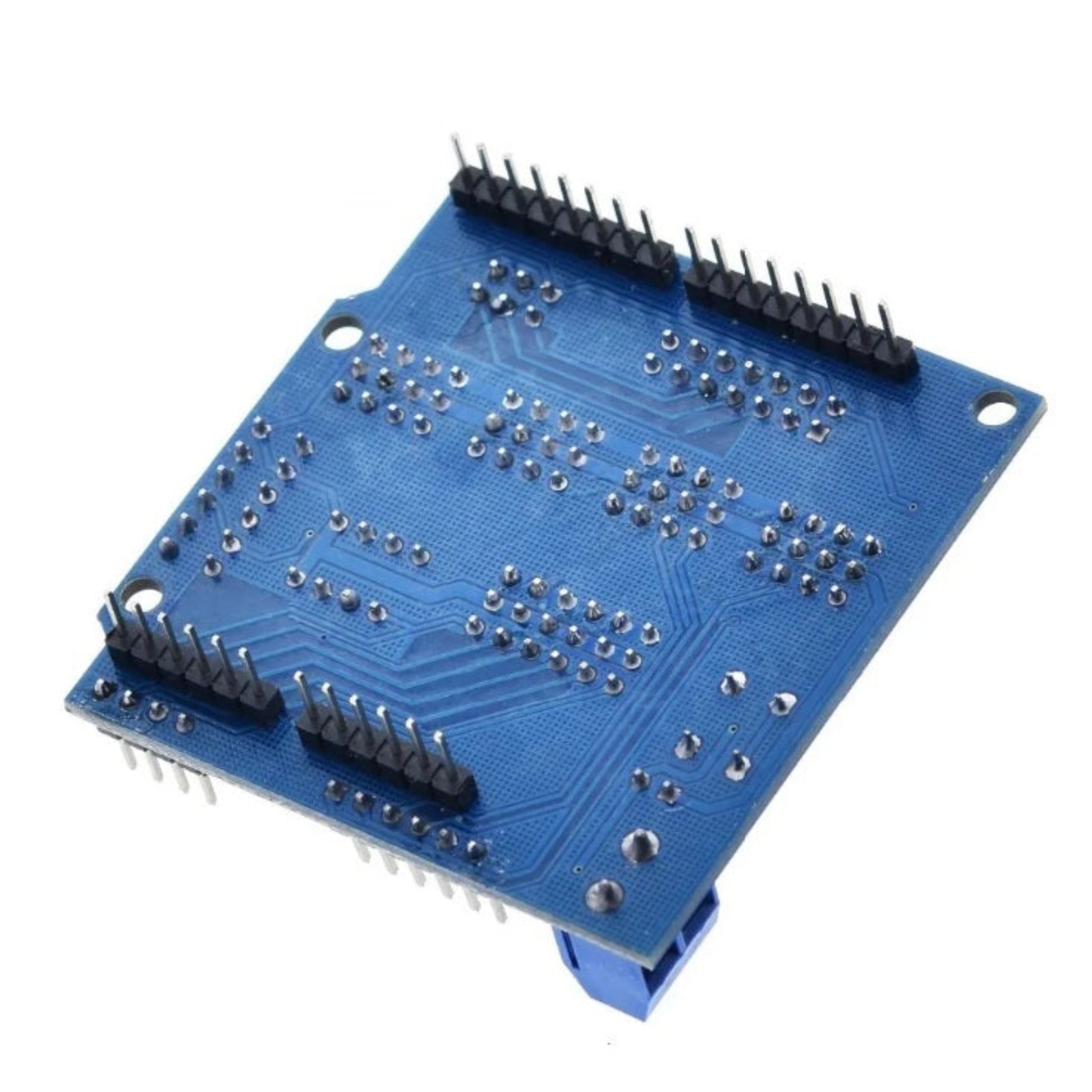 Underside of the Arduino Sensor Shield V5.0 highlighting high-quality PCB solder joints.