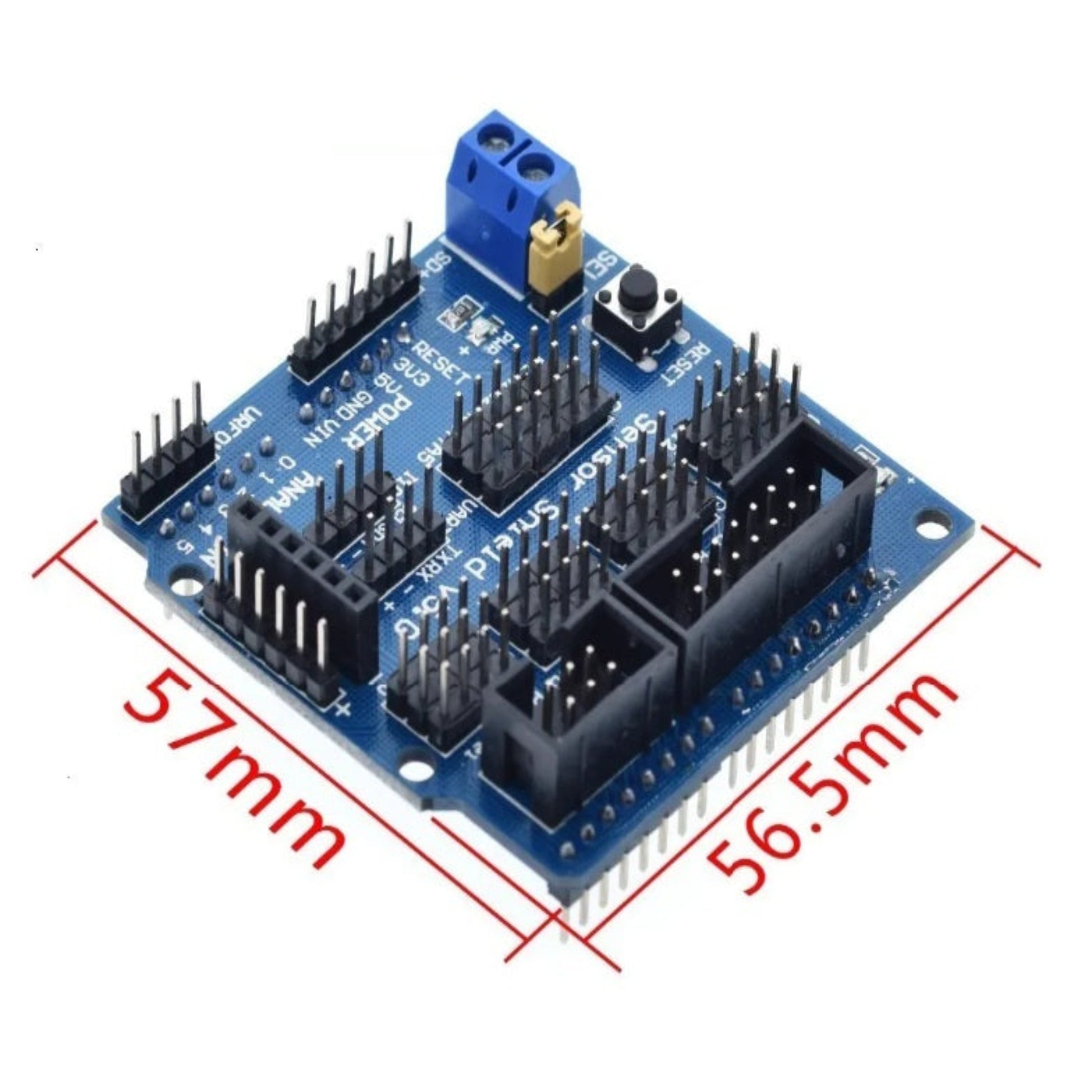 Dimensions of the Arduino Sensor Shield V5.0 measuring 57mm by 56.5mm.