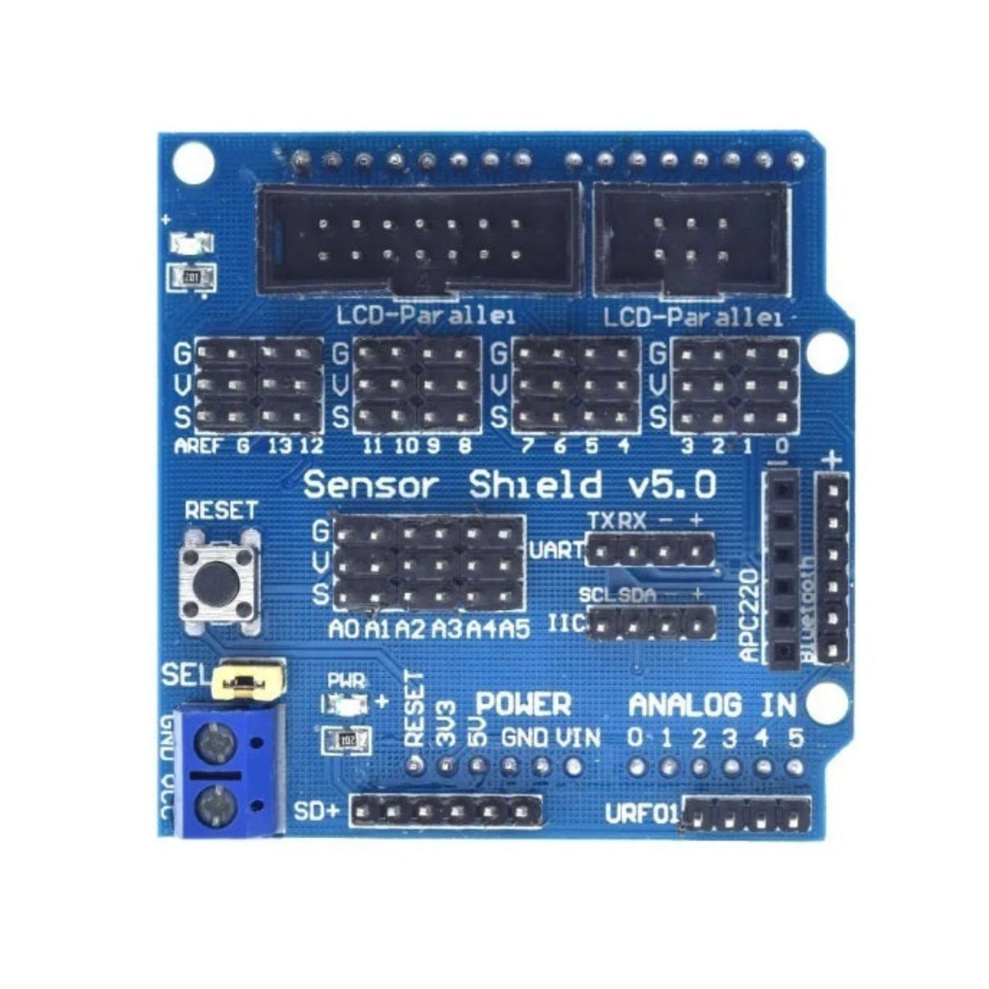 Top down view of the Arduino Sensor Shield V5.0 showing all GVS pin headers.