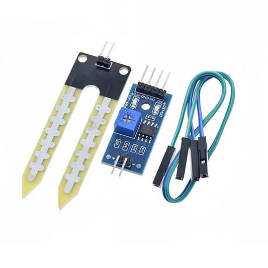 Soil hygrometer detection module for Arduino with moisture sensor and jumper wires, ideal for DIY projects.