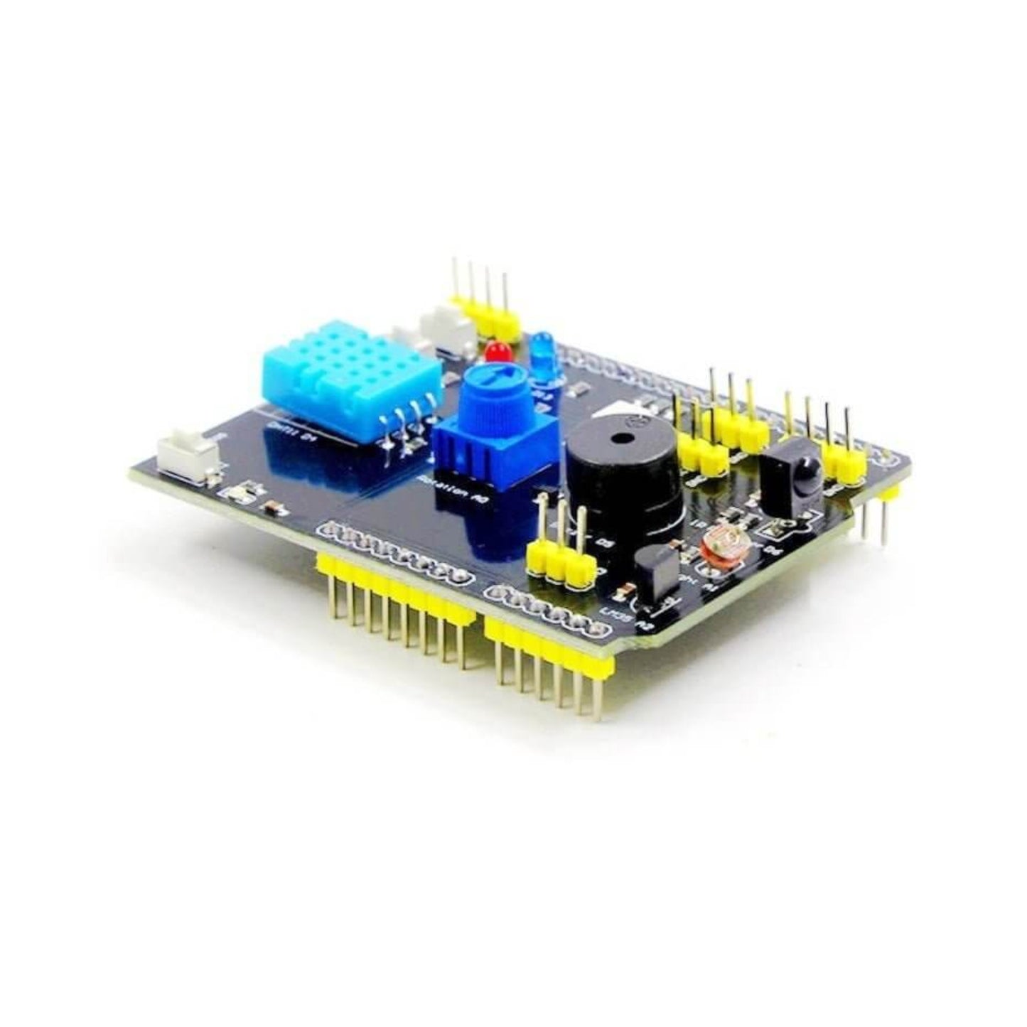 9 in 1 Arduino UNO Multi-Function Expansion Board with temperature and humidity sensors, buttons, and LED modules.