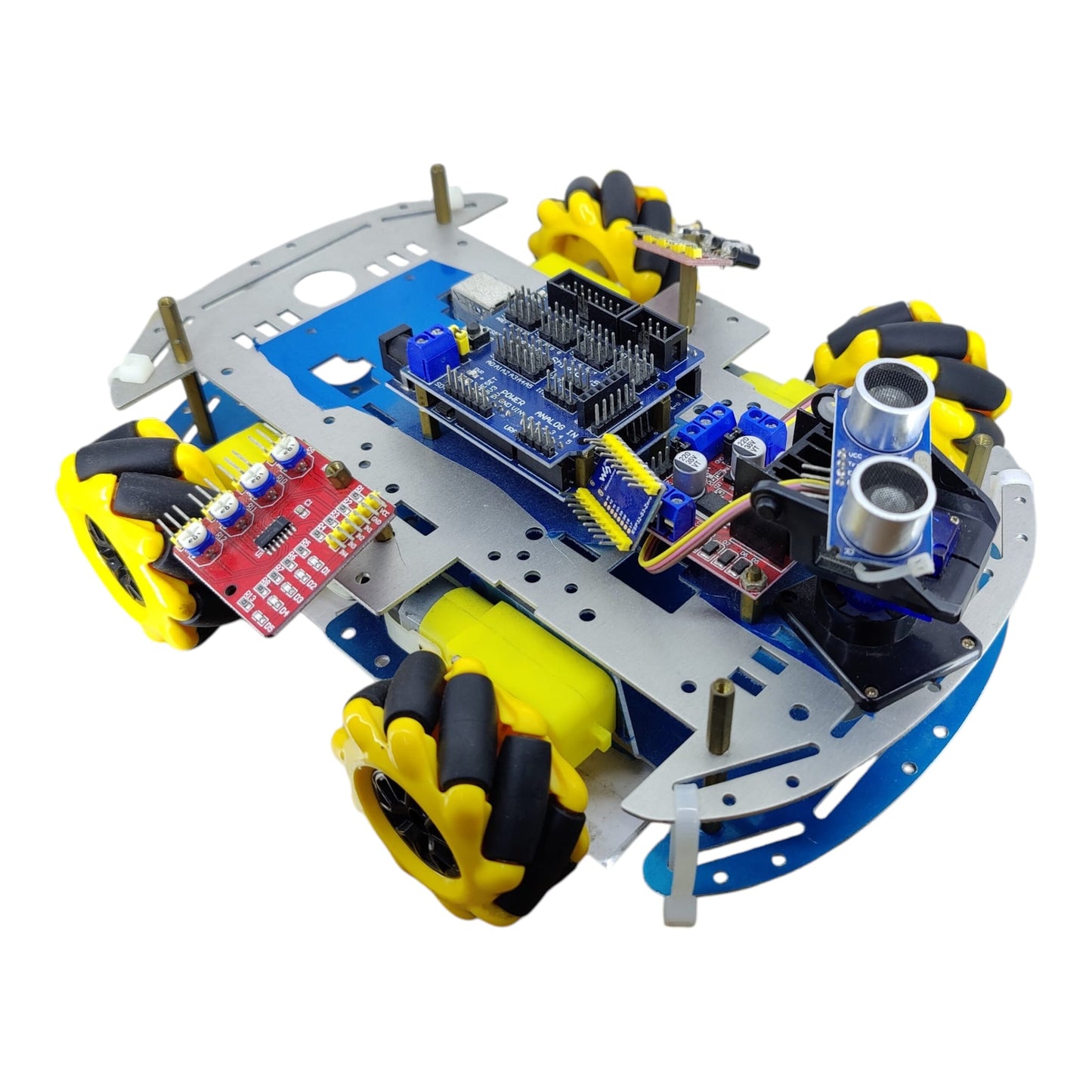 Top down view of the UNO compatible microcontroller and V5.0 sensor shield mounted on the robot chassis.