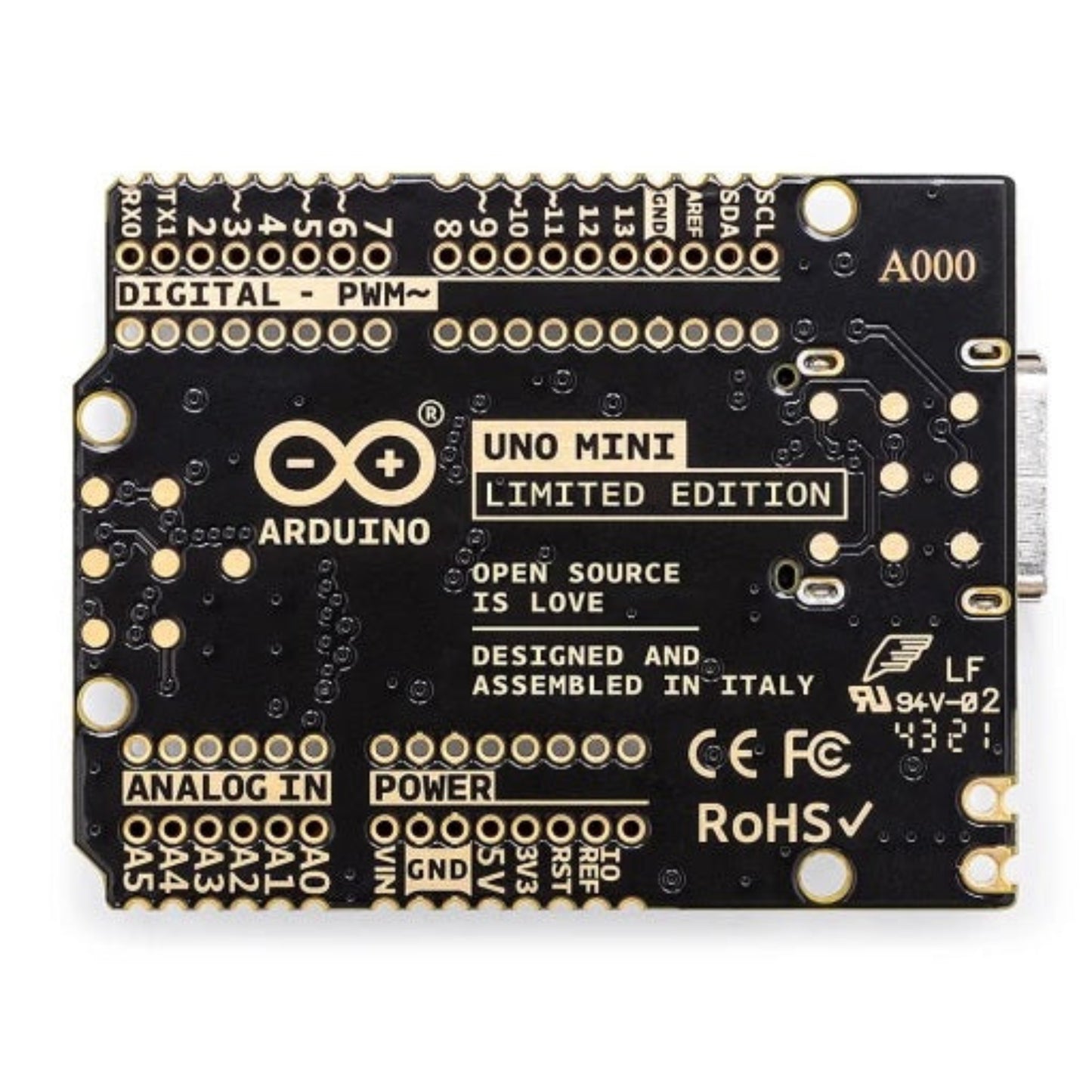 Arduino UNO Mini 限量版底板背面，清晰顯示品牌標誌及 Open Source is Love 絲印資訊。