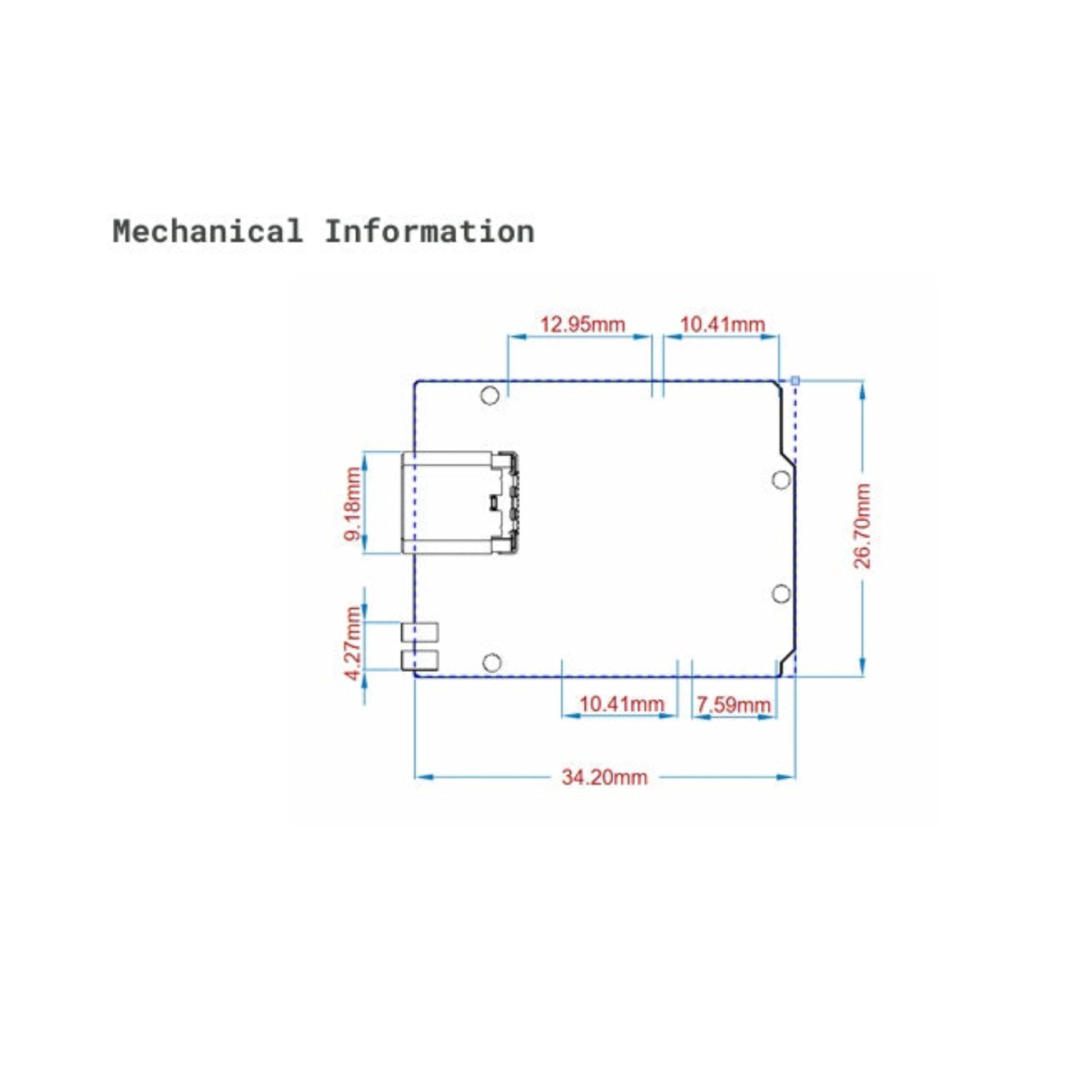 Arduino UNO Mini 限量版機械尺寸圖，標示 34.2mm x 26.7mm 超細體積，完美對應微型機械人開發。