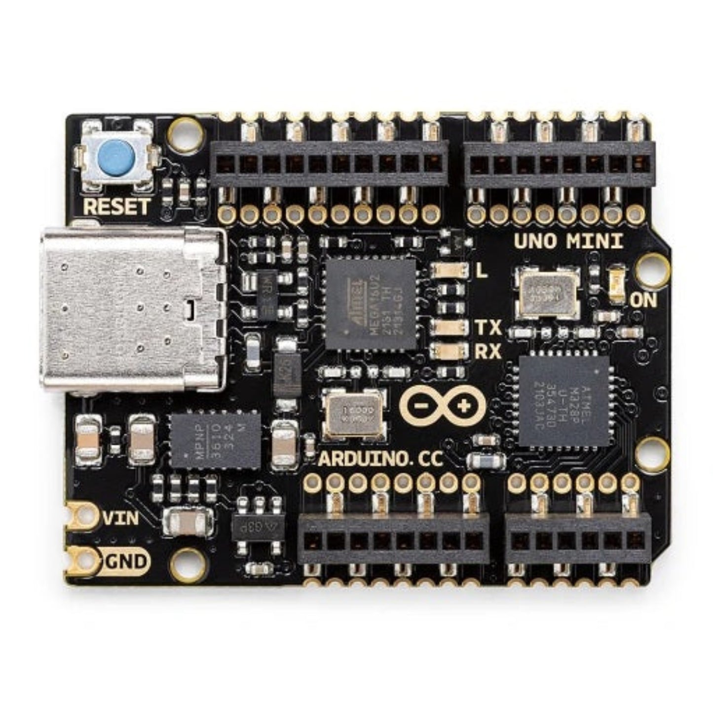 Arduino UNO Mini 限量版底板頂部視圖，展示 ATMega328P 處理器及升級版 USB-C 接口。