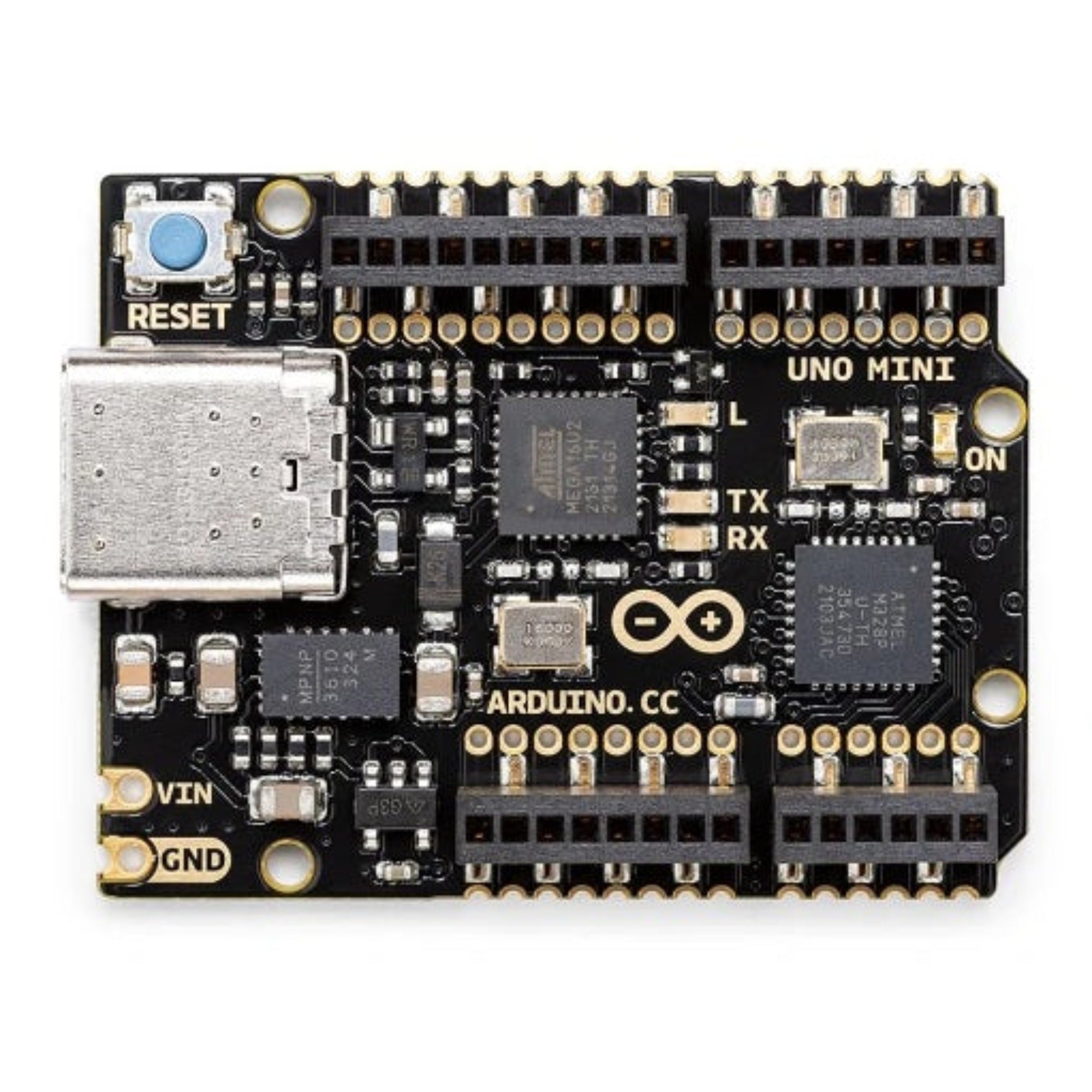 Arduino UNO Mini 限量版底板頂部視圖，展示 ATMega328P 處理器及升級版 USB-C 接口。