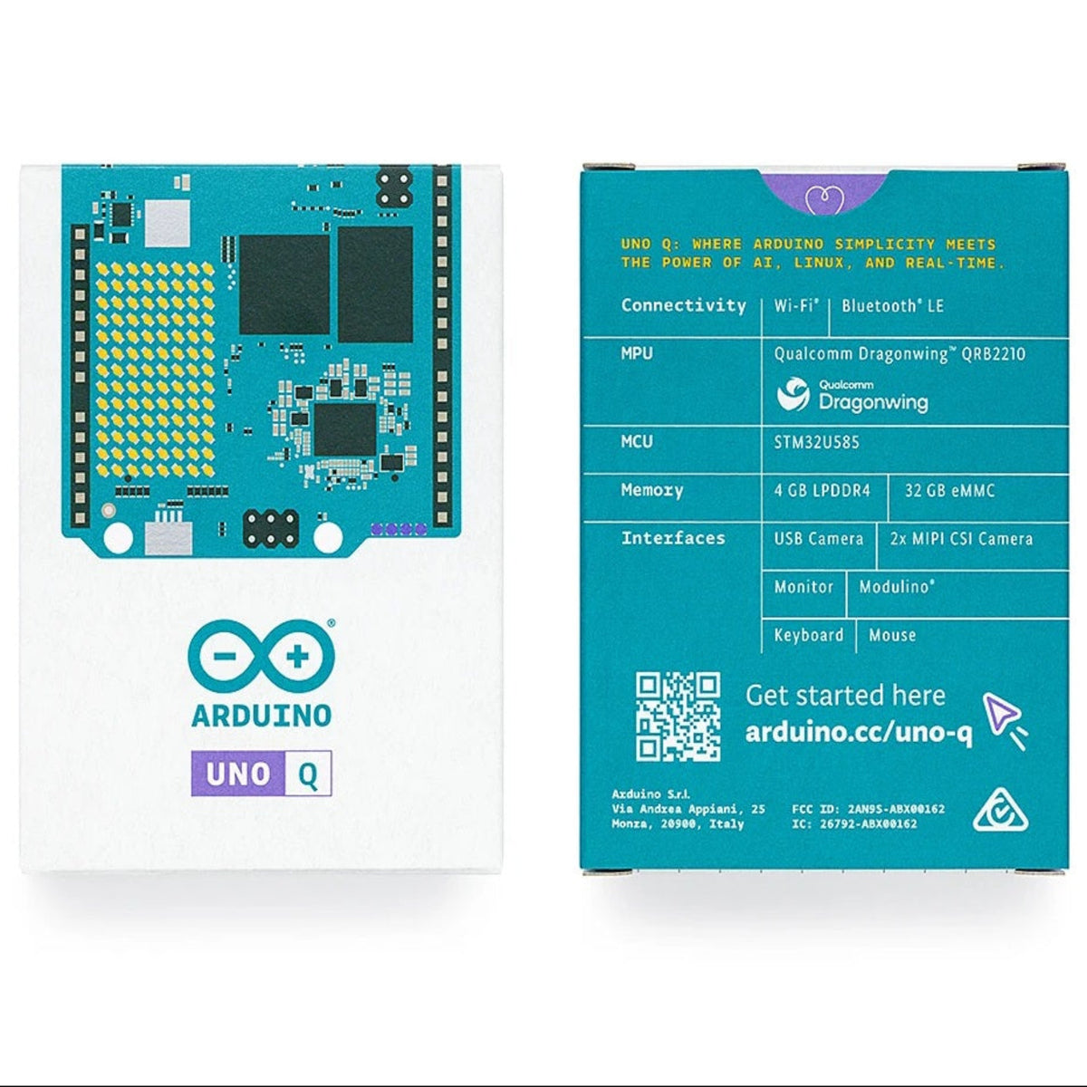 Arduino UNO Q 包裝盒背面，詳細列明 4GB RAM、32GB eMMC、Wi-Fi 及藍牙連接等技術規格。