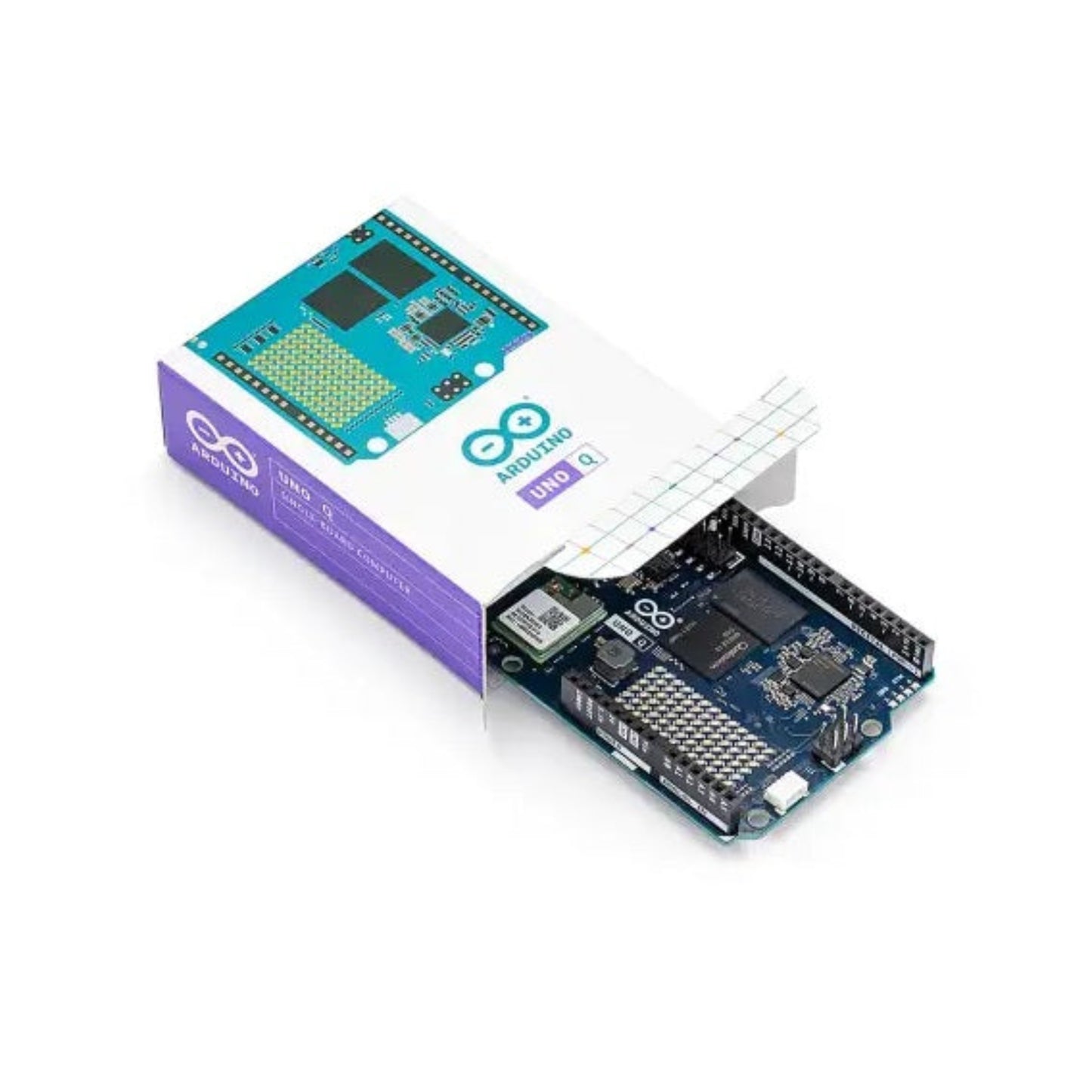 Angled view highlighting the USB-C and Qwiic connectors on the Arduino UNO Q.
