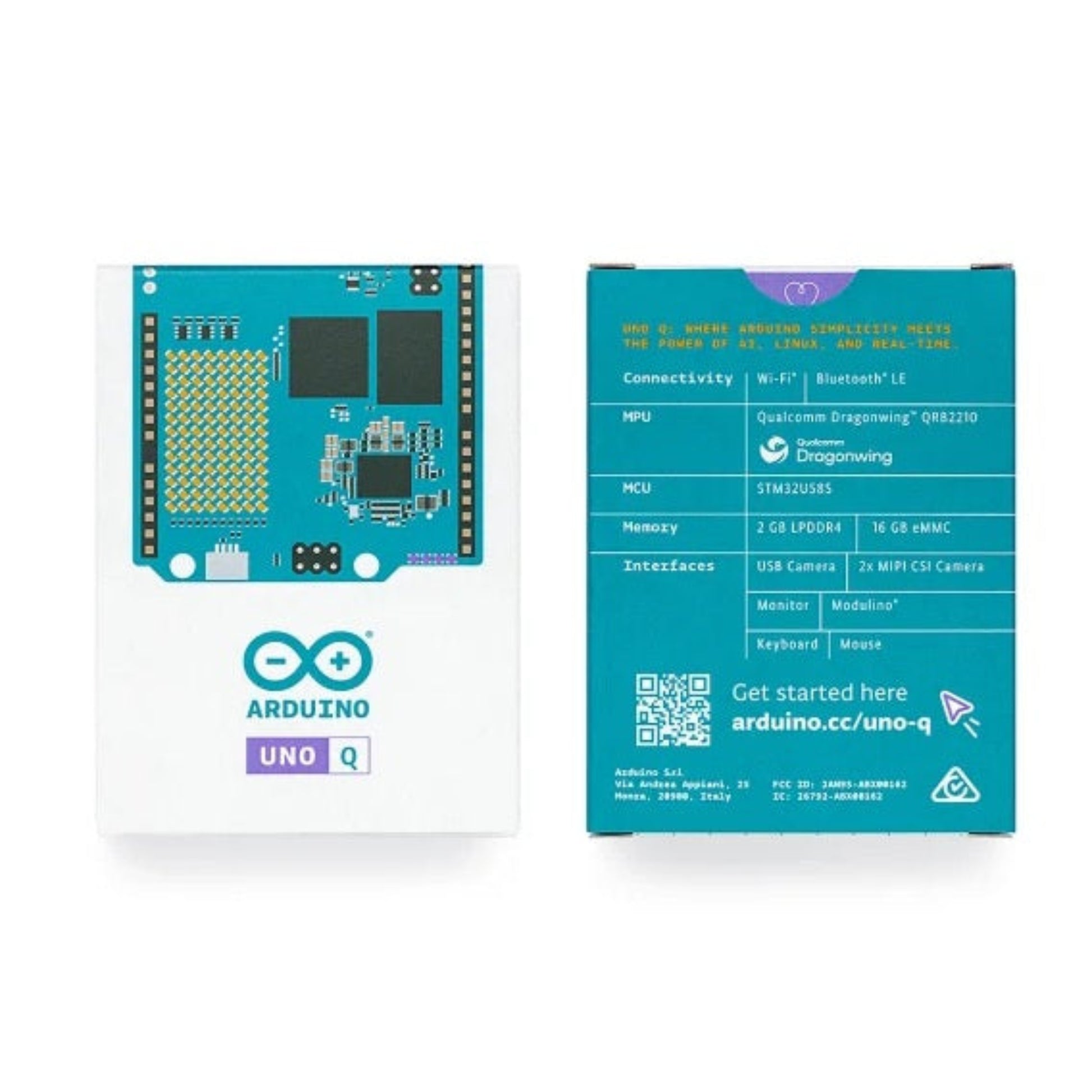 Arduino Uno Q microcontroller board and its packaging on a white background