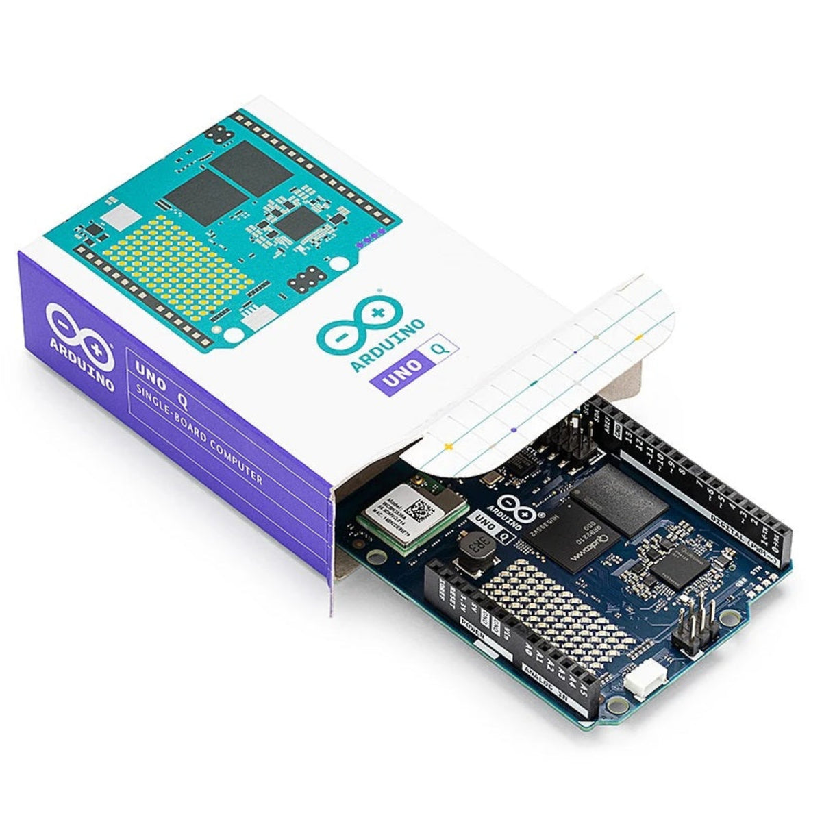 Arduino UNO Q ABX00173 單板電腦的官方原廠零售包裝盒。