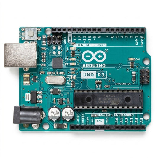 Top view of the original Arduino Uno R3 development board showing the ATmega328P chip.