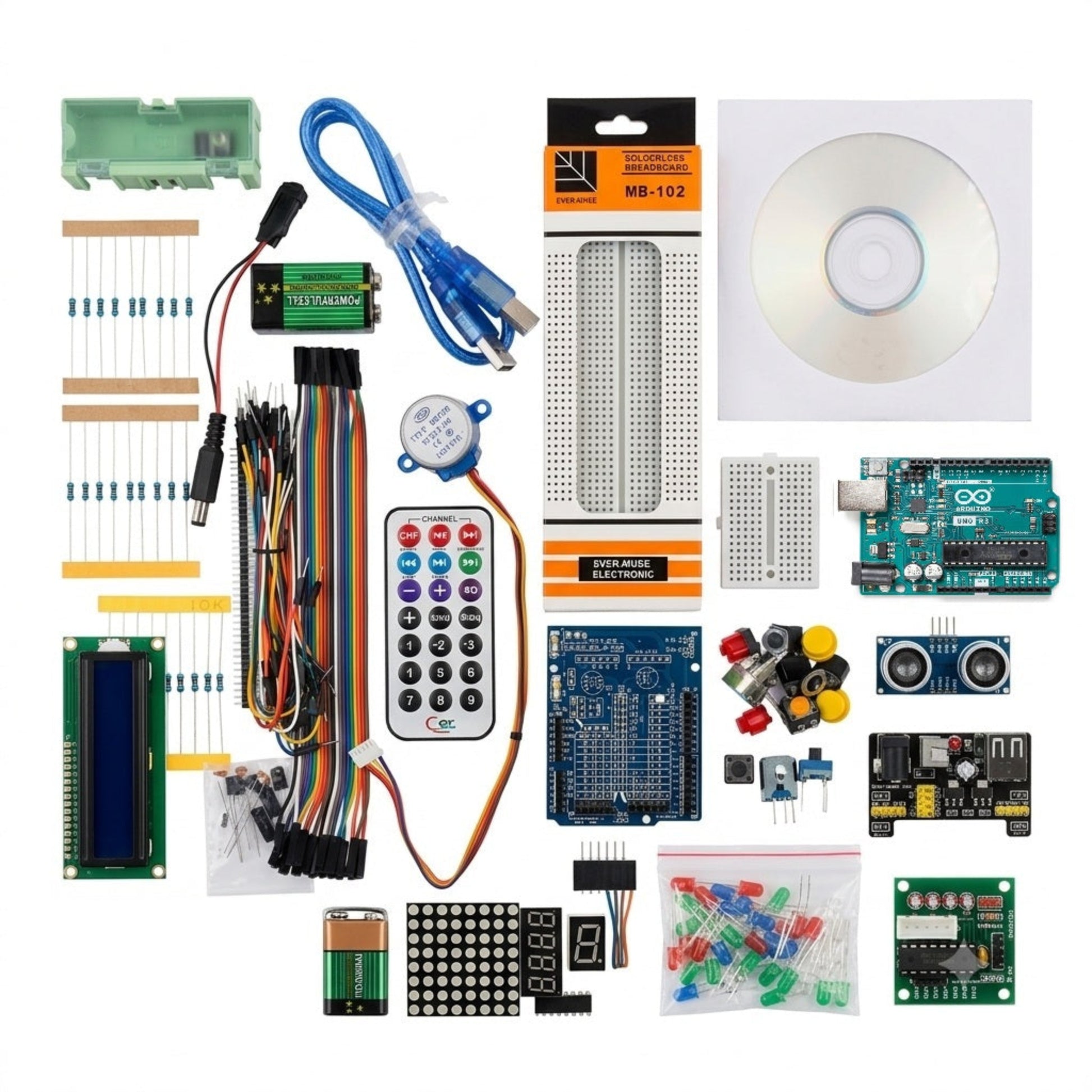 Arduino UNO R3 終極入門套件全家福，包含 40 件精選電子元件、感測器及麵包板，是香港 STEM 教育及 FYP 專題必備教材。