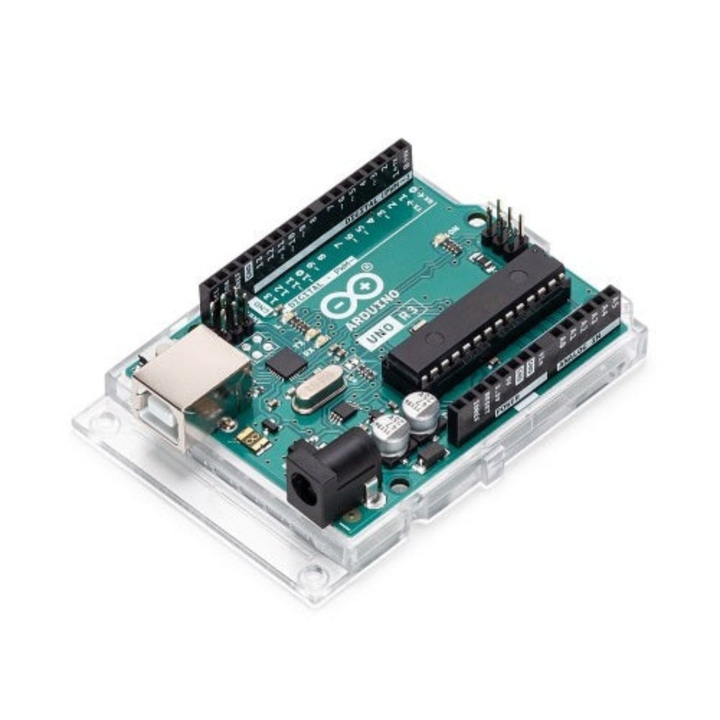 Arduino Uno R3 assembled inside its protective transparent acrylic case.