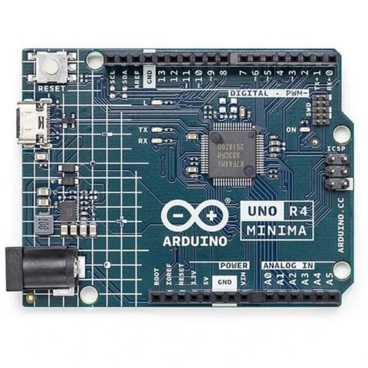 Arduino UNO R4 Minima with 32-bit microcontroller, featuring digital pins, USB port and analog inputs.