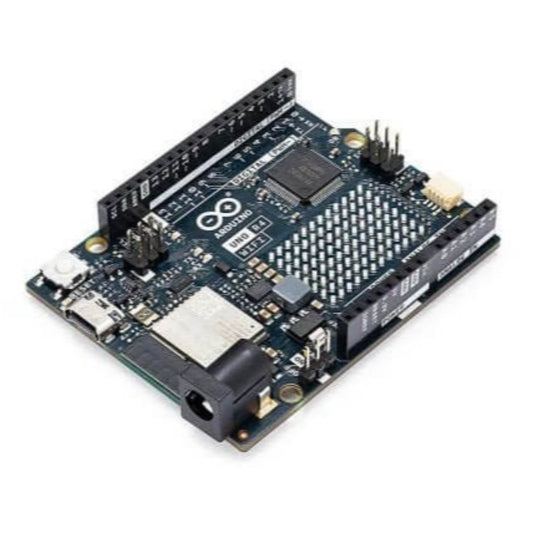 Arduino UNO R4 WiFi board featuring RA4M1 microcontroller and ESP32-S3 wireless connectivity.