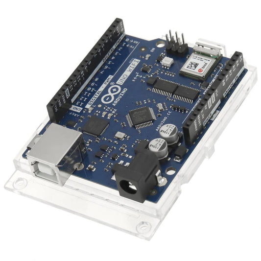 Angled side view of the Arduino UNO WiFi Rev 2, focusing on the USB port, DC power jack, and I/O headers.