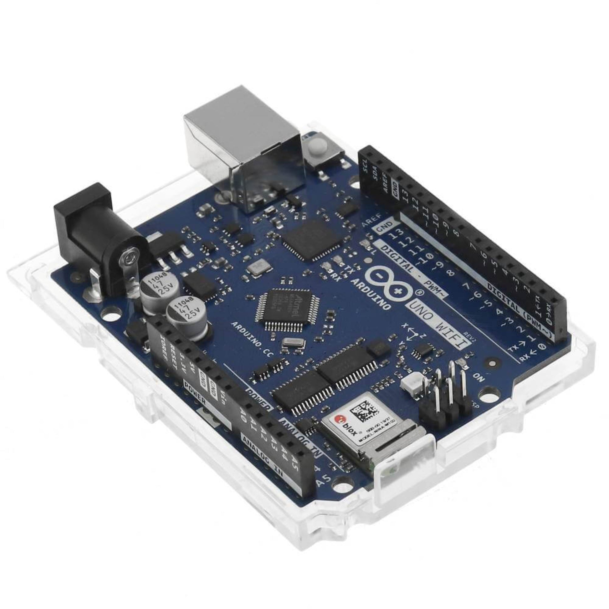 A composite image showing three detailed views of the Arduino UNO WiFi Rev 2 board, highlighting the digital pins, power jack, and processors.