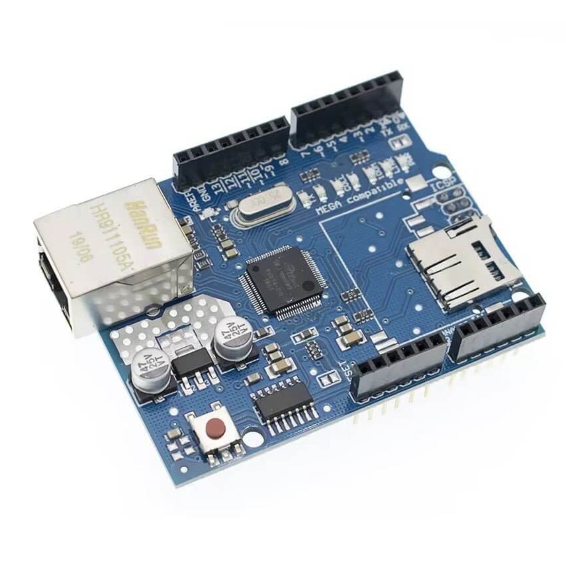 W5100 Ethernet Shield for Arduino, featuring the WIZnet chip, RJ45 port, and Micro SD card slot for IoT projects.