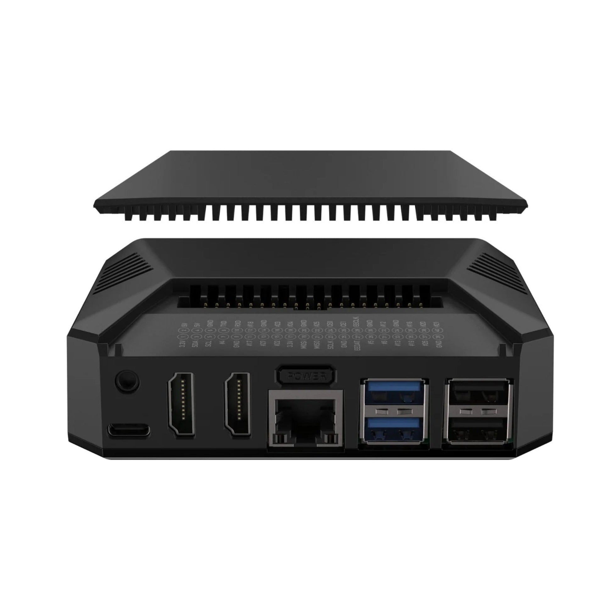 Argon ONE V3 Case for Raspberry Pi 5 showing back ports and detachable top for enhanced cooling.