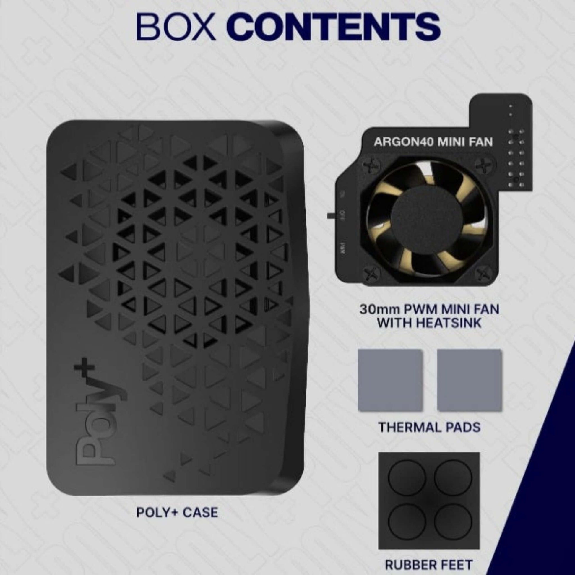 Package includes Poly+ case, 30mm PWM mini fan, thermal pads, and rubber feet.