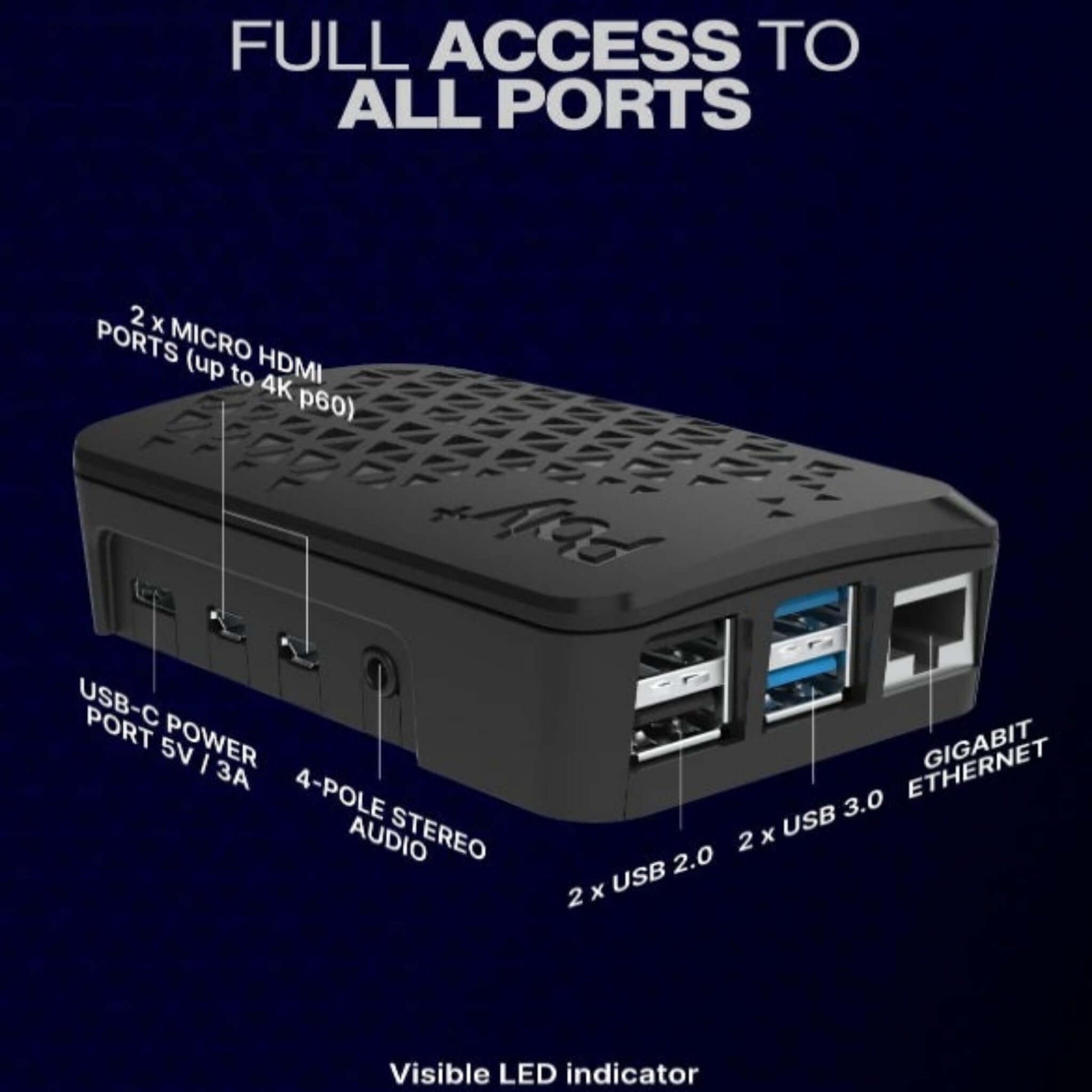 Side view showing full access to USB, Ethernet, Micro HDMI, and USB-C power ports.