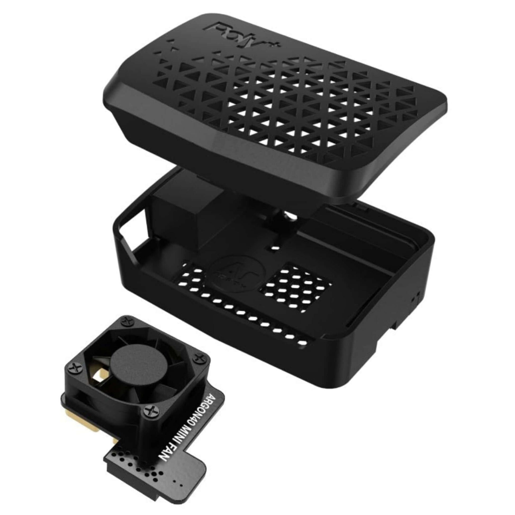 Exploded view of Argon Poly+ Raspberry Pi 4 case with PWM mini fan and heatsink.