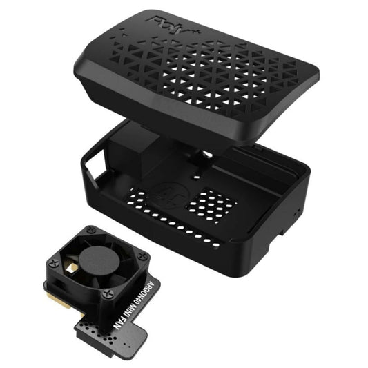 Exploded view of Argon Poly+ Raspberry Pi 4 case with PWM mini fan and heatsink.