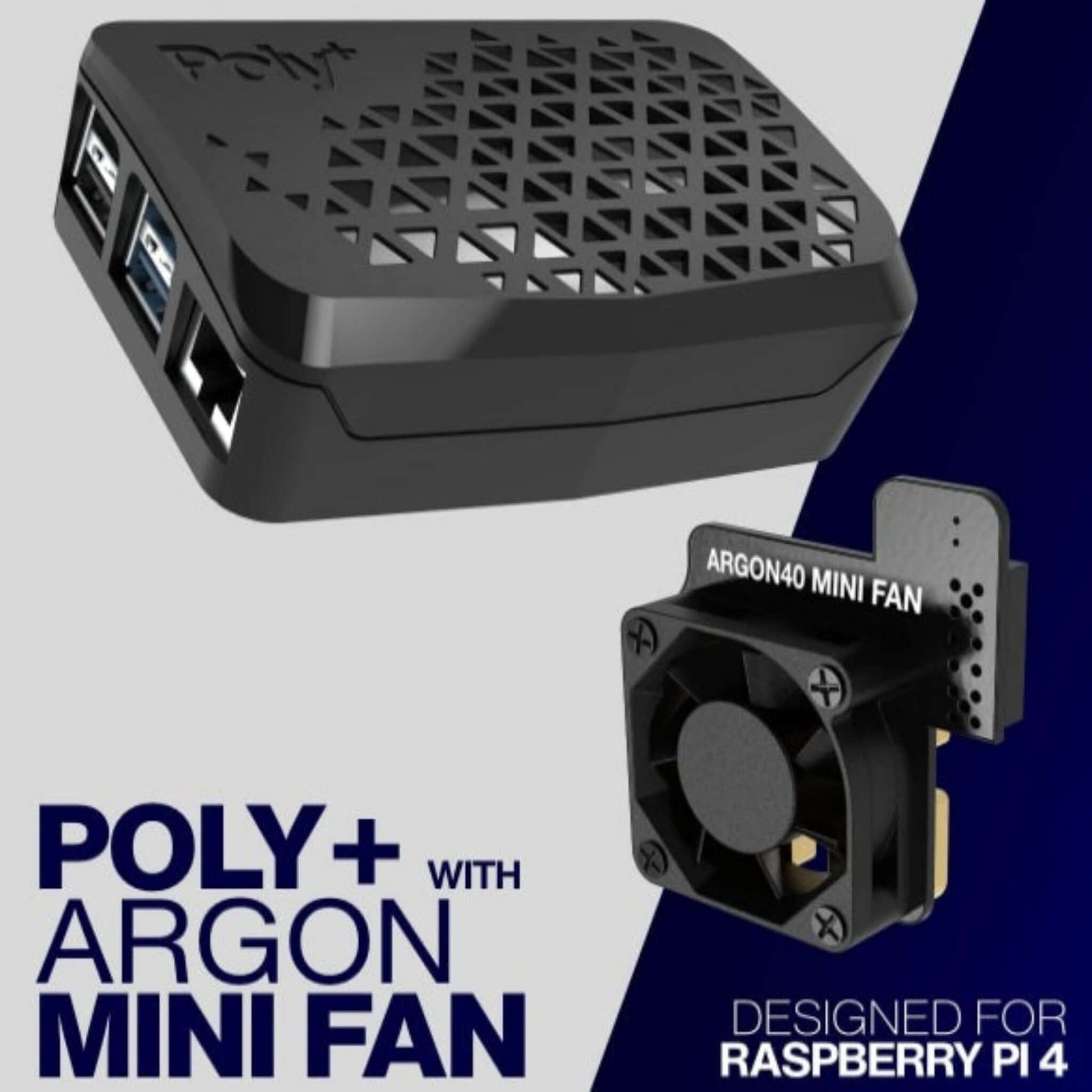 Argon Poly+ vented ABS case and Argon40 mini fan designed for Raspberry Pi 4.