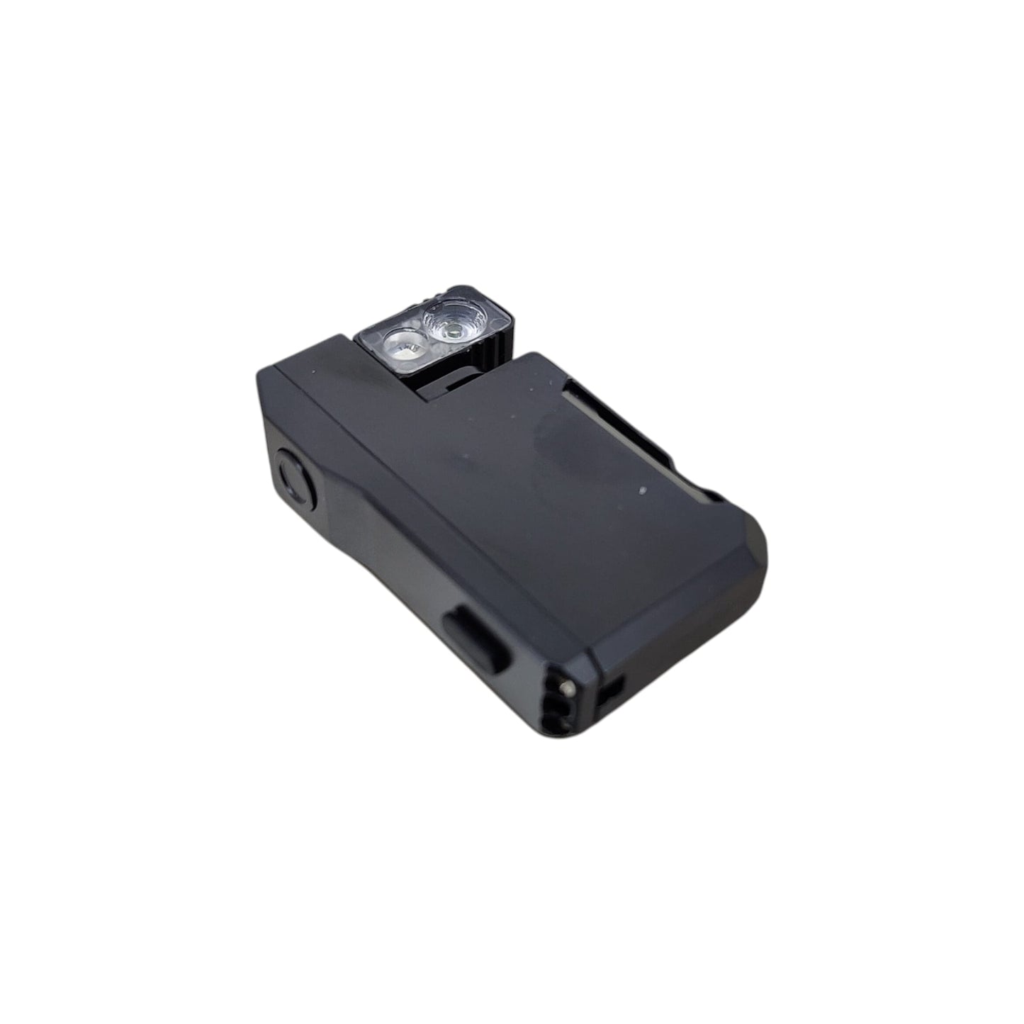 Black electronic device with a light on a white background