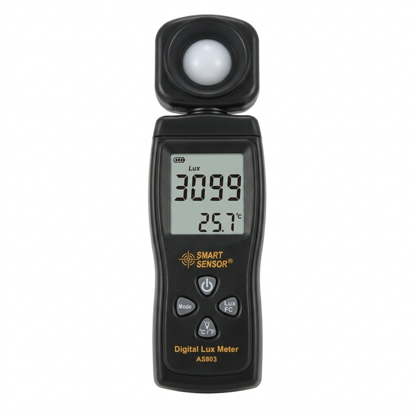 Professional black AS803 Digital Lux Meter with 180° rotatable sensor and backlit display