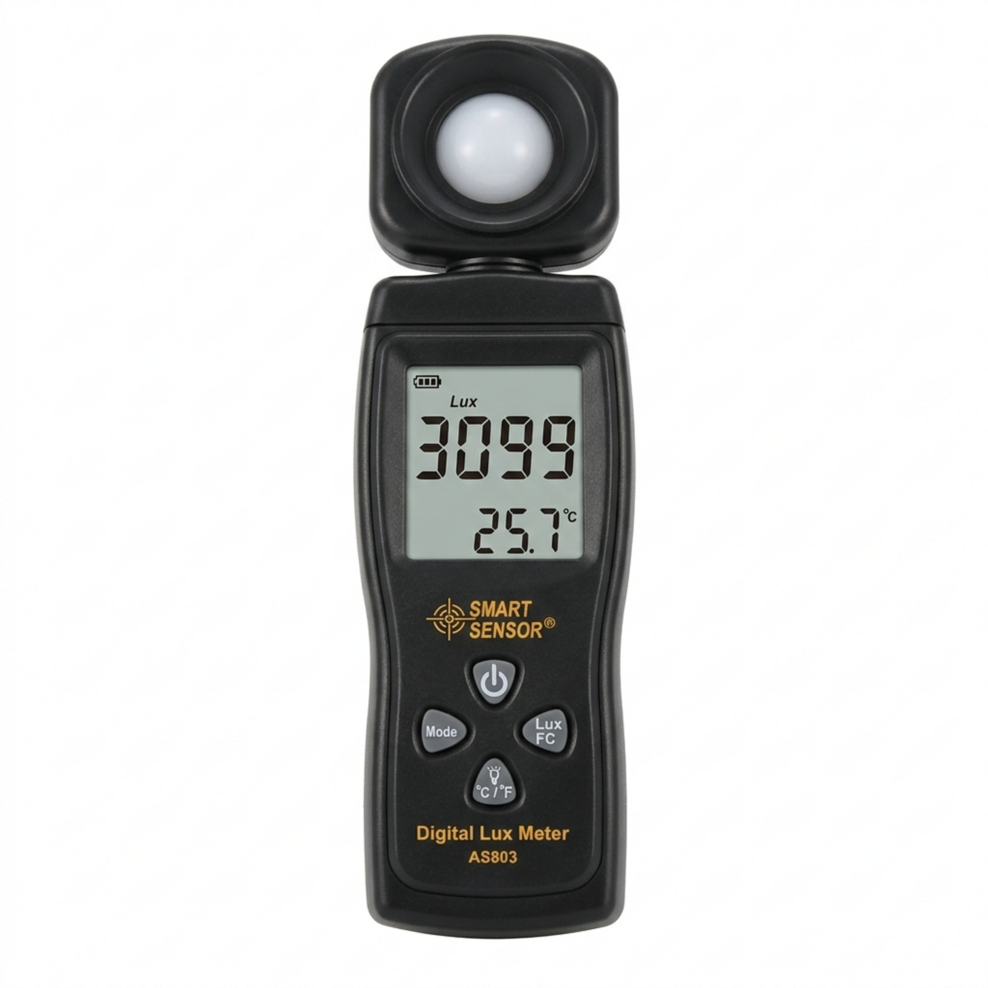 Professional black AS803 Digital Lux Meter with 180° rotatable sensor and backlit display