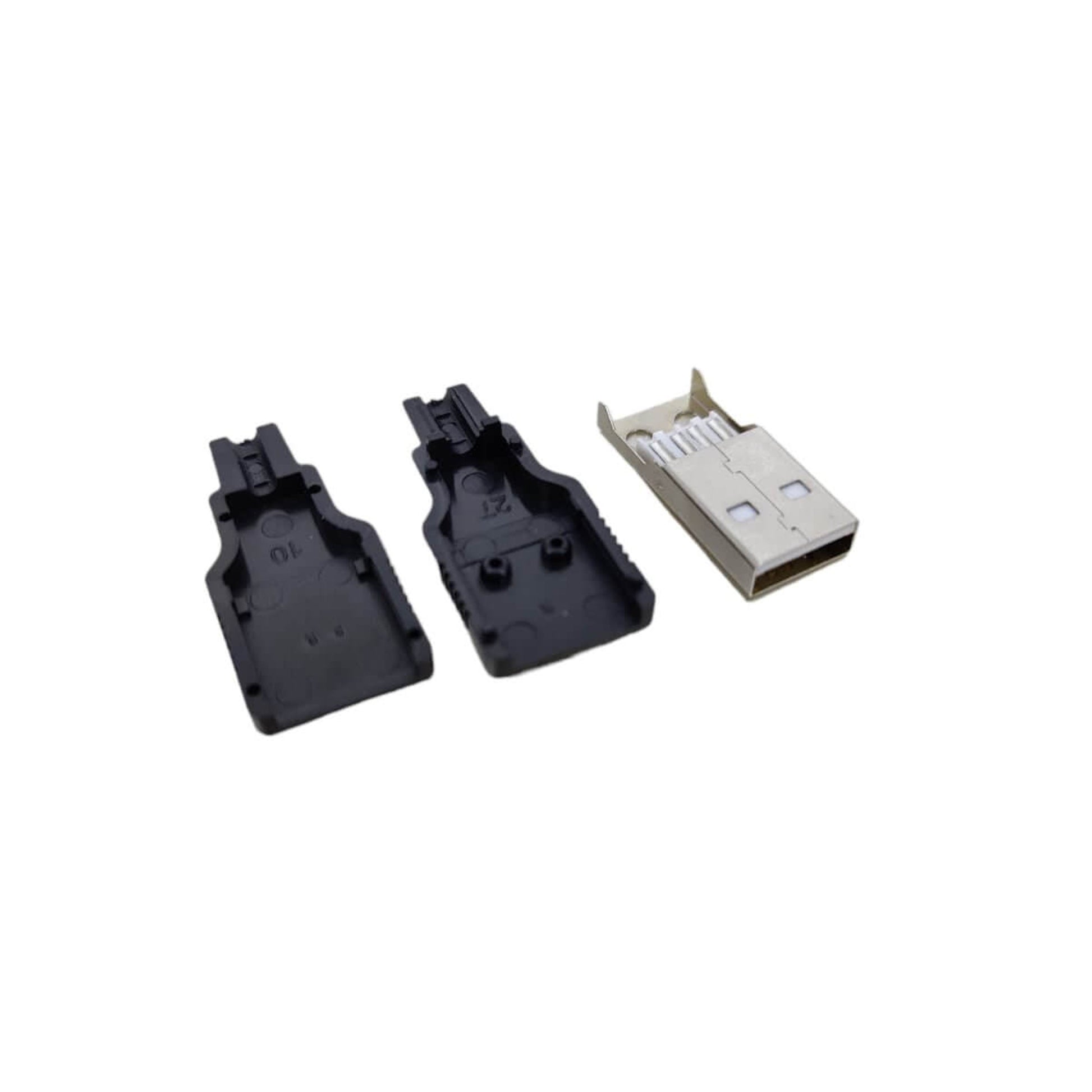 DIY USB adapter connector featuring Type A male and female sockets with black plastic covers.