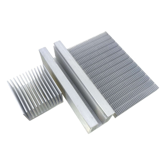 A collection of various sized extruded aluminum heat sinks for passive cooling of CPUs, GPUs, and electronic components.