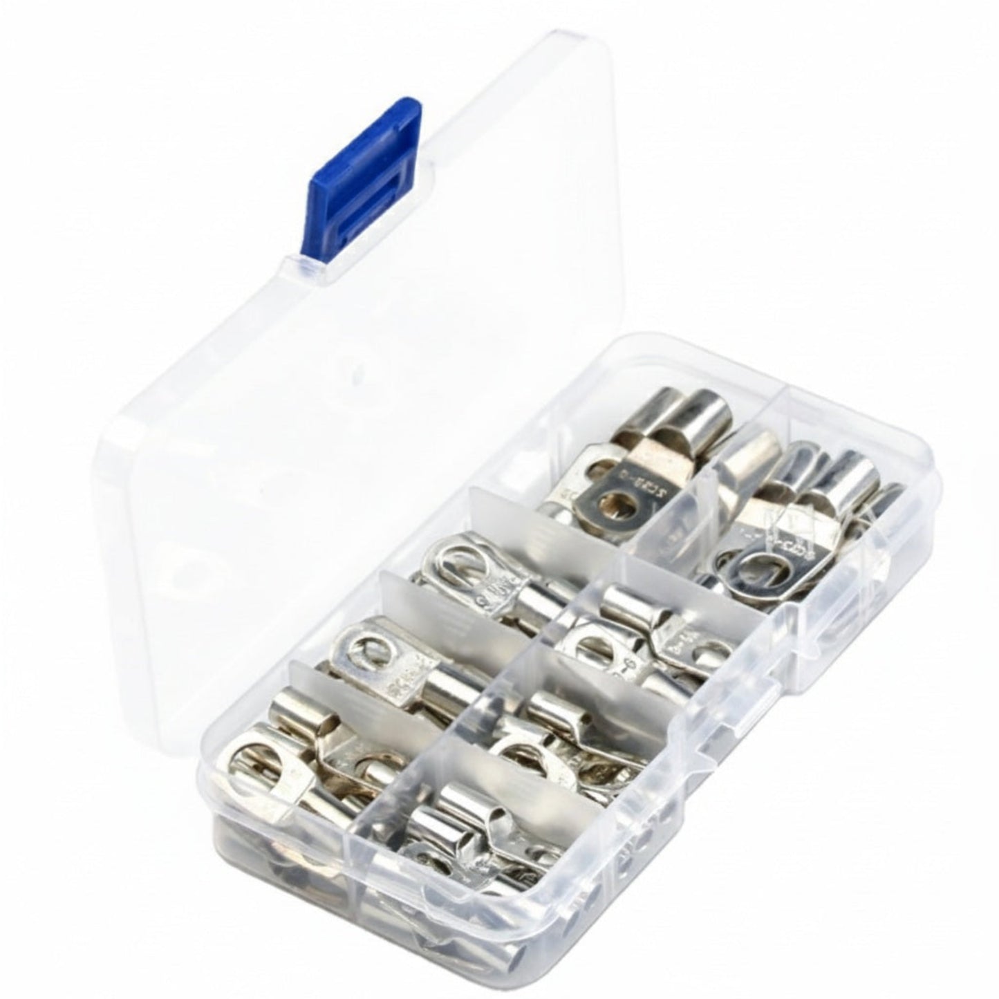 Open storage box displaying sorted heavy duty wire terminals and battery lugs.
