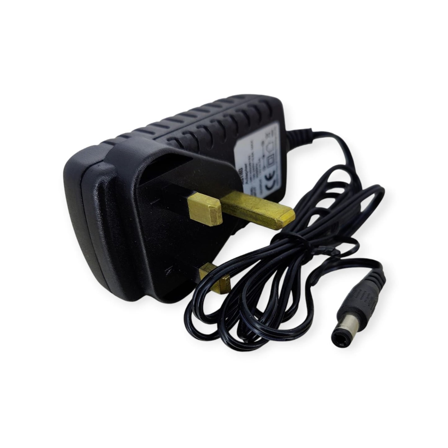 Angled view of the ASTRO 12V 2A power adapter highlighting its three-pin UK style plug and compact design.