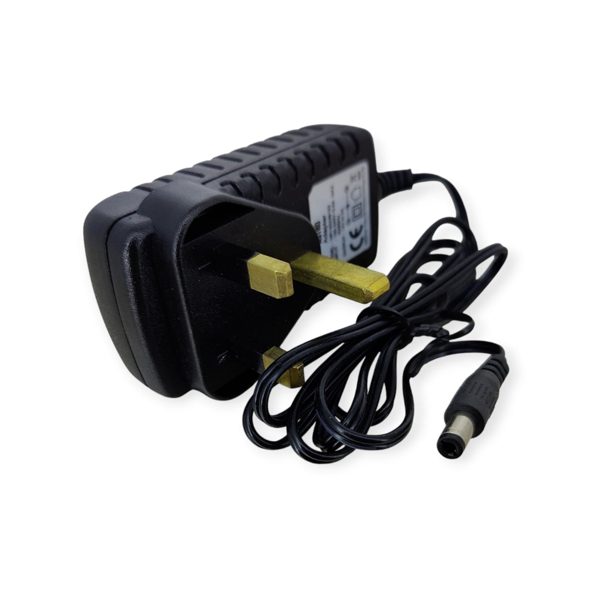 Angled view of the ASTRO 12V 2A power adapter highlighting its three-pin UK style plug and compact design.
