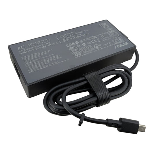 華碩 ASUS 240W (20V 12A) 電競筆電火牛側視圖，型號 ADP-240EB B，顯示方頭接線及規格標籤。深水埗實體店提供現貨及技術支援。