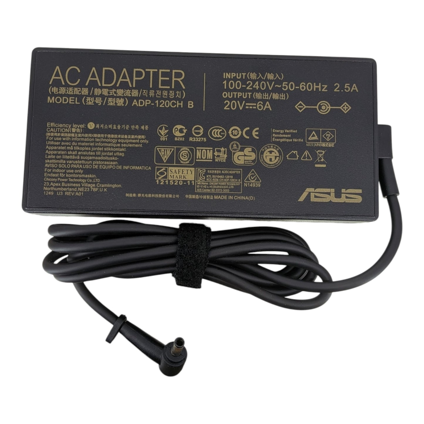 ASUS ADP-120CH B 120W 火牛規格標籤，清晰顯示 20V 6A 輸出。我們提供專業技術支援及2手提電回收服務。
