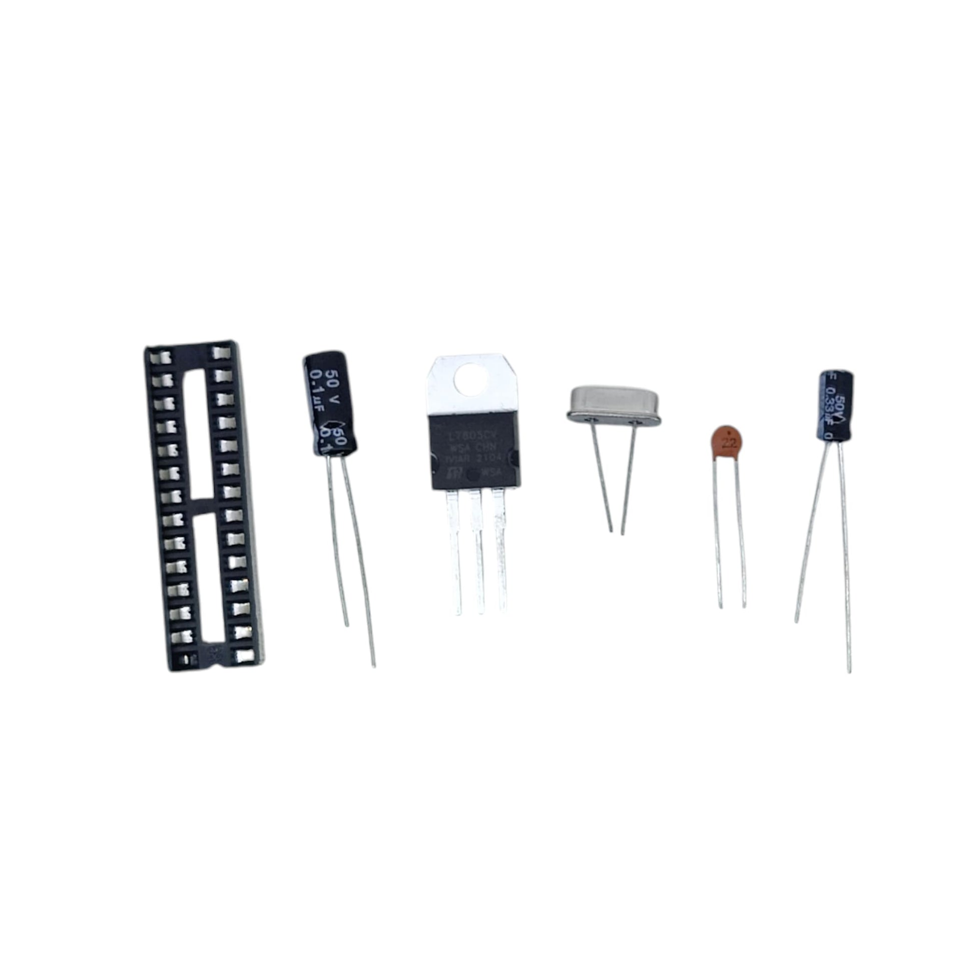 Complete set of 28-pin socket, L7805CV regulator, and capacitors for microcontroller circuits.
